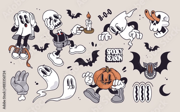 Fototapeta Groovy retro 30s  halloween set. Funky cartoon characters and elements. Gloved ghosts, gloved pumpkin with boots, zombie hand, skeleton boy, bats, skull. Spooky Season. Trendy retro cartoon style.