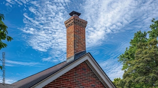 Obraz The stately, brick chimney of a Suburban Colonial home, visible above the roofline and adding architectural interest