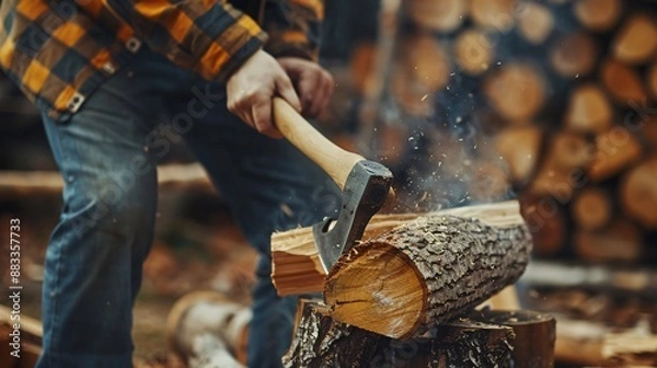 Fototapeta Close up shot of a person's hands chopping firewood with an axe in a rustic backyard