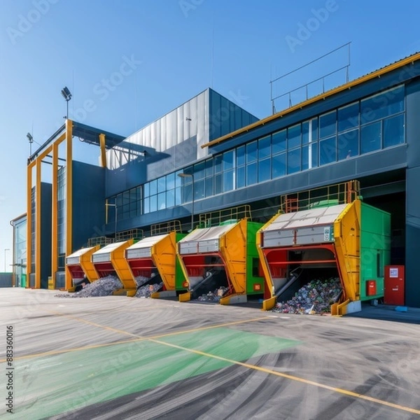 Fototapeta Modern Waste Management Facility Leveraging Data Analysis to Enhance Trash Collection Efficiency and Optimize Recycling Routes with Smart Technology