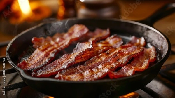 Obraz Crispy slices of turkey bacon sizzling in a cast iron pan, with a warm kitchen setting in the background