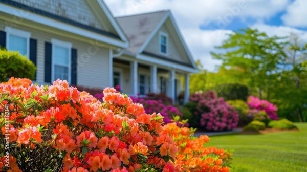 Obraz The vibrant, blooming azaleas at the front of a Suburban Cape Cod home, their bright colors enhancing the homea??s simple, elegant lines