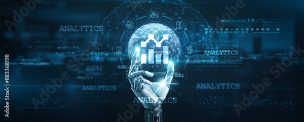 Fototapeta Data analytics, Hands of robot hold analytics tools, system management, technology, software, integration, and data analytics technology.
