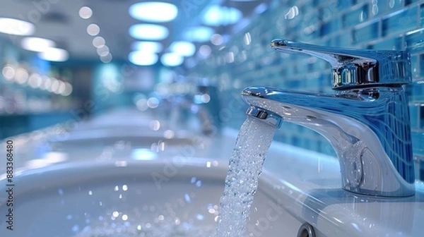 Fototapeta A modern bathroom interior featuring chrome faucets with water running into a series of white sinks, set against a background of blue tile walls and circular overhead lights