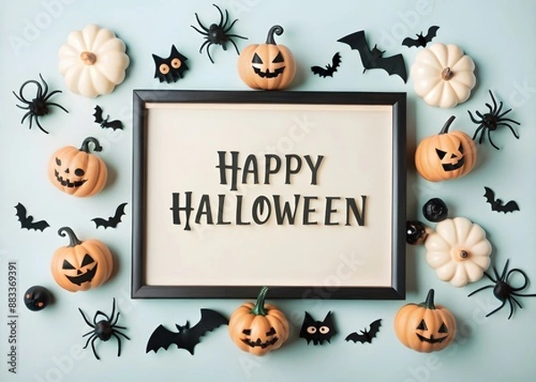 Obraz Happy halloween card in flat lay style. Halloween frame with party decorations of pumpkins, bats, scary ghosts, candy, spiders on background. 