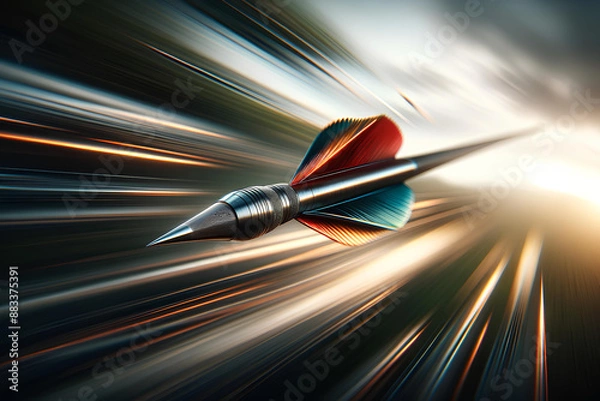 Fototapeta a flying arrow with a sharp, metallic tip and vibrant feathers at the tail in mid-air