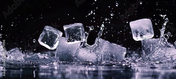 Fototapeta ice cubes and water splashes on a black background