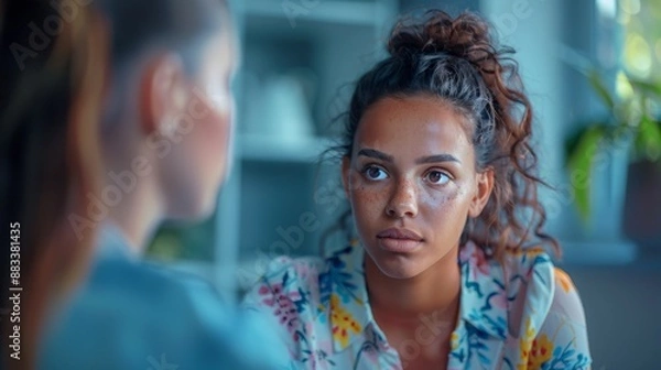 Fototapeta Candid Conversation Between Two Multiracial Women in a Home Setting - Emotional Connection. Generative ai