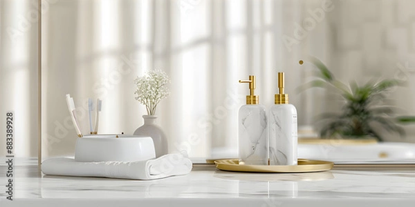 Fototapeta A luxurious toiletries set is placed on a luxury white marble tabletop in a white bathroom.