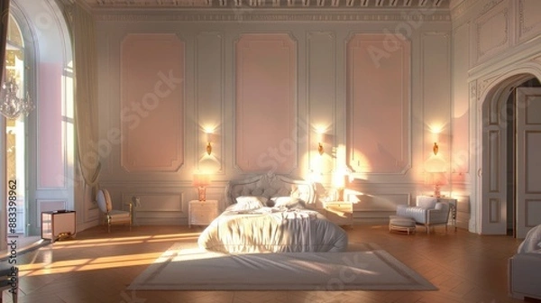 Fototapeta Explore the elegance of a large luxury bedroom with powdery pastel colored walls, illuminated by sunbeams casting a warm glow throughout the space. 