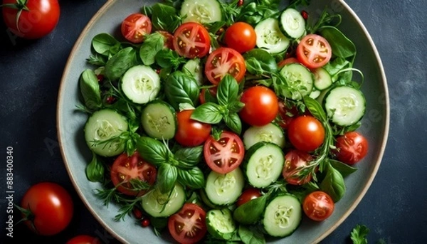 Fototapeta Fresh Mediterranean Salad with Tomatoes, Cucumbers and Basil in Bowl - Healthy Vegan Food