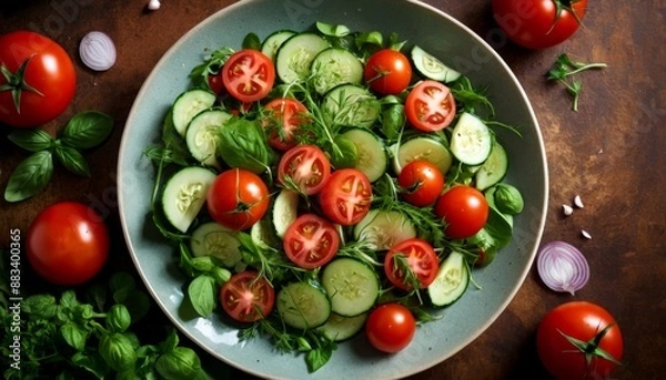 Fototapeta Fresh Mediterranean Salad with Tomatoes, Cucumbers and Basil in Bowl - Healthy Vegan Food