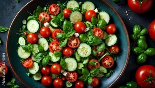 Fototapeta Fresh Mediterranean Salad with Tomatoes, Cucumbers and Basil in Bowl - Healthy Vegan Food