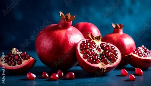 Fototapeta Fresh Ripe Pomegranates on Blue Background - Whole and Cut Fruit with Seeds