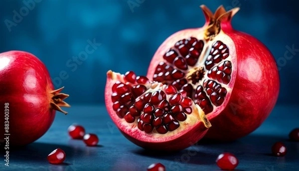 Fototapeta Fresh Ripe Pomegranates on Blue Background - Whole and Cut Fruit with Seeds