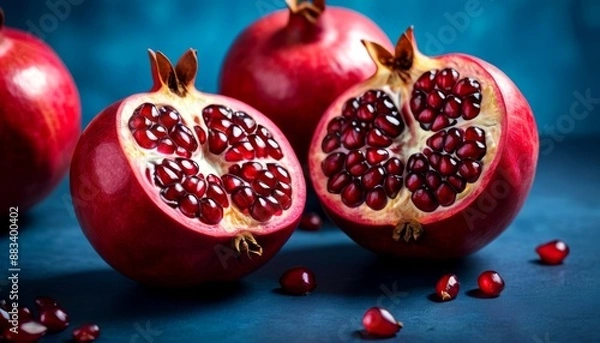 Fototapeta Fresh Ripe Pomegranates on Blue Background - Whole and Cut Fruit with Seeds