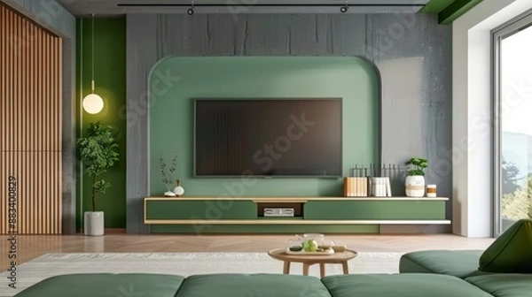 Fototapeta Green wall mounted tv on cabinet in living room, Generative Ai.