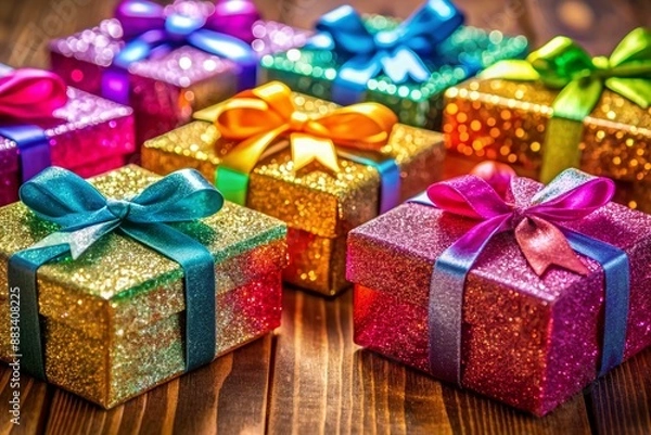 Fototapeta Vibrant multicolored gift boxes adorned with sparkling glitter and elegant bows sit atop a cleanly styled table, evoking joy and festivity in a celebratory atmosphere.