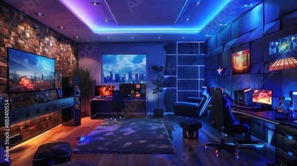 Obraz Suburban Contemporary game room with high-tech gaming setups, mood lighting, and soundproof walls
