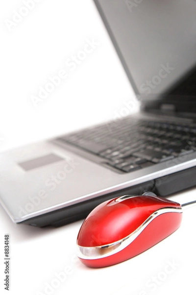 Obraz personal computer and red mouse over white