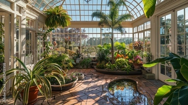 Fototapeta The classic greenhouse of a Suburban Colonial home, built in the style of an English conservatory, housing a collection of tropical plants and orchids