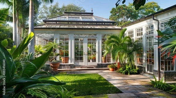 Fototapeta The classic greenhouse of a Suburban Colonial home, built in the style of an English conservatory, housing a collection of tropical plants and orchids