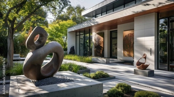 Obraz Suburban Contemporary home with an outdoor sculpture garden, featuring abstract art and a minimalist landscape
