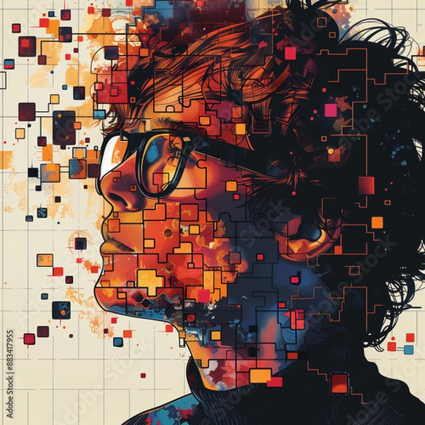 Fototapeta Illustration of a kid with autism, featuring vibrant colors. The illustration portrays the uniqueness and diversity of children with autism, highlighting acceptance and understanding