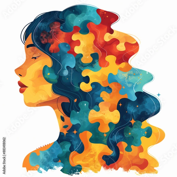 Fototapeta Illustration of a kid with autism, featuring vibrant colors. The illustration portrays the uniqueness and diversity of children with autism, highlighting acceptance and understanding