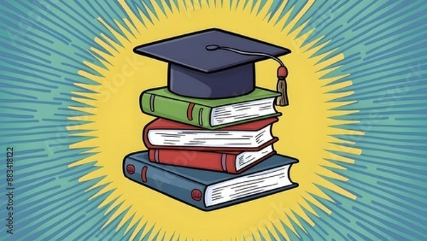 Fototapeta A colorful cartoon for International Youth Day featuring a stack of books with a graduation cap on top, symbolizing the importance of education.