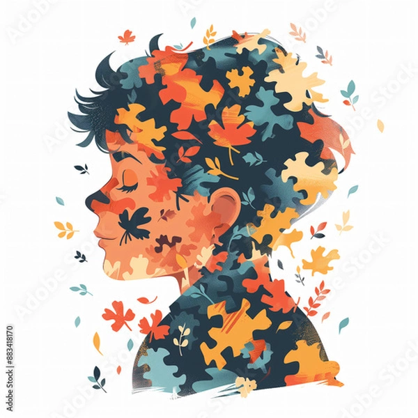 Fototapeta Illustration of a kid with autism, featuring vibrant colors. The illustration portrays the uniqueness and diversity of children with autism, highlighting acceptance and understanding