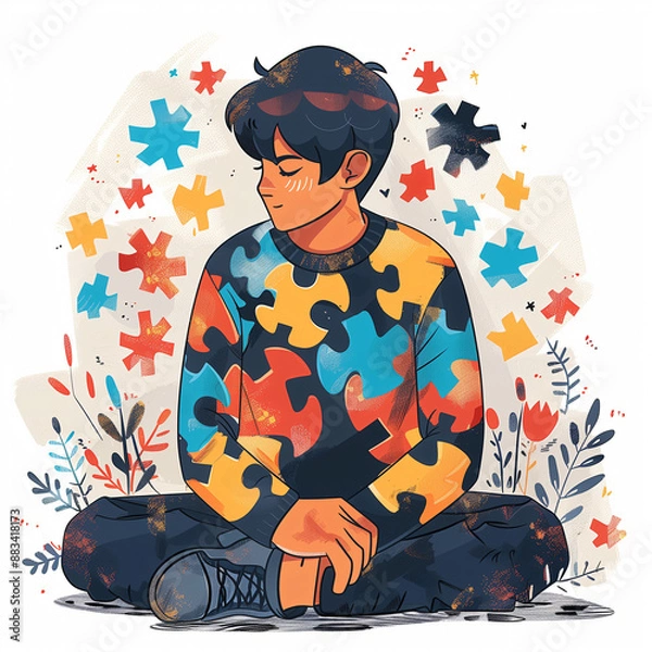 Fototapeta Illustration of a kid with autism, featuring vibrant colors. The illustration portrays the uniqueness and diversity of children with autism, highlighting acceptance and understanding