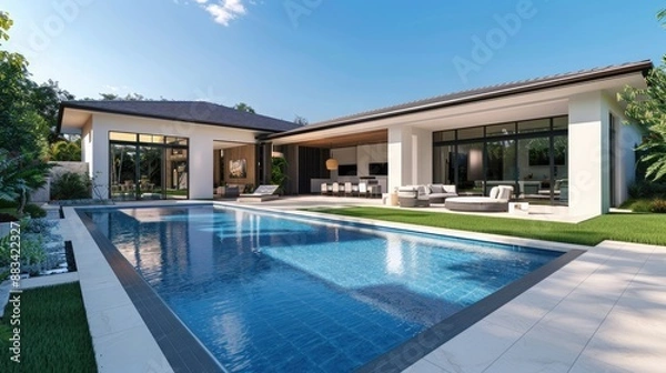 Fototapeta Modern home with a spacious backyard featuring a luxurious swimming pool and lush landscaping.