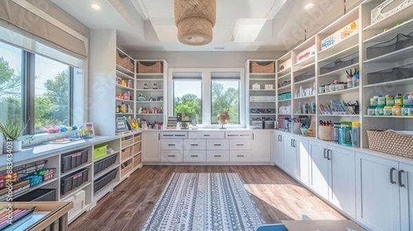 Obraz Suburban Modern craft room with organized storage solutions, ample natural light, and a creative atmosphere