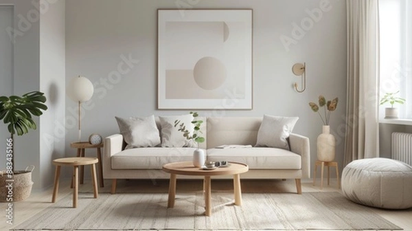 Fototapeta Step into a contemporary home with Scandi interior design, characterized by clean lines, minimalistic furniture, and neutral tones.  