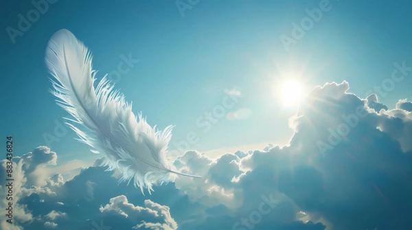 Fototapeta Feather floating in the sky surrounded by clouds and sunlight