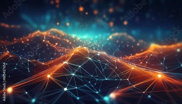 Obraz Abstract connected dots and lines. Concept of AI technology, Motion of digital data flow.