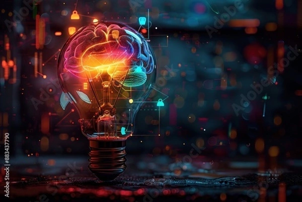 Fototapeta A colorful lightbulb merging with a brain and cyber security icons, symbolizing intelligence and protection in the digital age.
