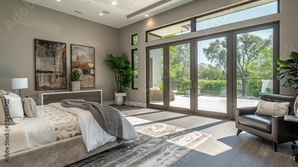 Obraz Suburban Modern master suite with sliding glass doors leading to a private patio and streamlined furniture