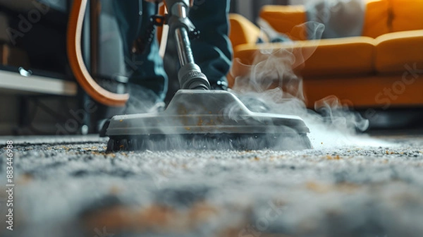 Fototapeta 強力な蒸気クリーナーアクションカーペットから汚れを取り除くクリーナー蒸気を取り除く