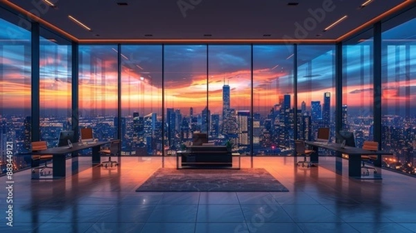 Fototapeta Futuristic cityscape with glowing lights and skyscrapers at sunset - generative ai