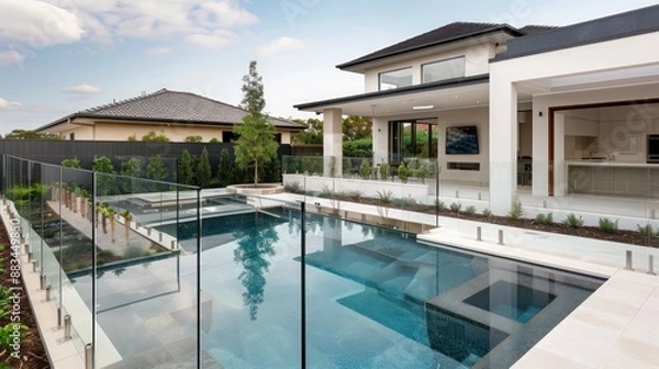 Obraz modern Mediterranean-style home with a clear glass pool fence and minimalist landscaping, highlighting clean lines and open spaces