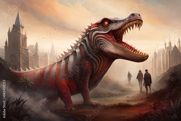 Fototapeta A painting of a dinosaur with a mountain in the background. Fantasy evil dragon portrait. Surreal artwork of danger dragon from medieval mythology. Oil painting art. High quality photo