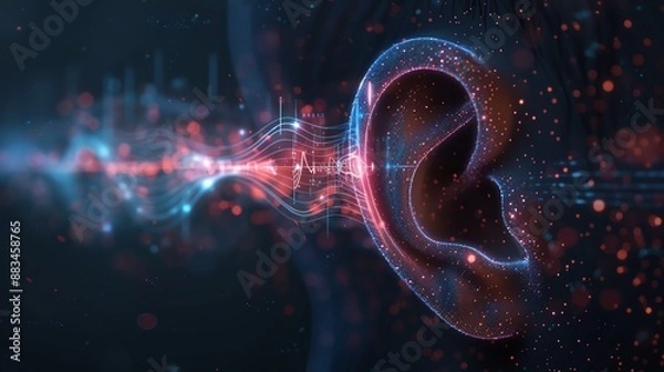 Fototapeta Futuristic digital representation of an ear with sound waves, showcasing advanced auditory technology and virtual sound transmission.