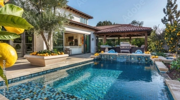 Obraz The backyard of a Mediterranean home with a custom mosaic tile pool and a covered patio area for entertaining, surrounded by fragrant lemon trees