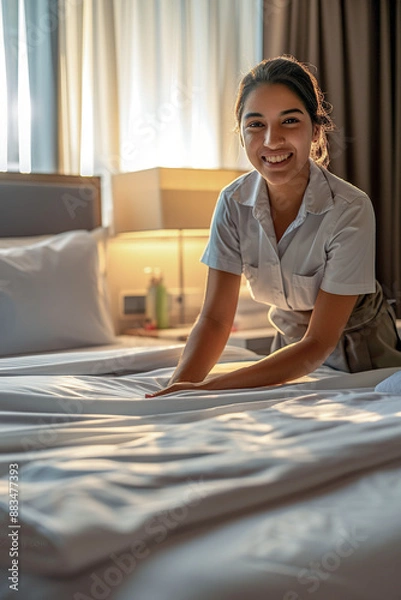 Fototapeta A hotel employee tidying up a room