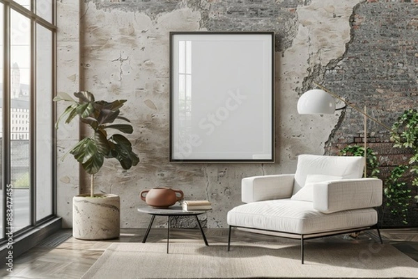 Fototapeta frame mockup, reflective glass, mockup poster on the wall of living room. Interior mockup. Apartment background. Modern Japandi interior design. 3D render