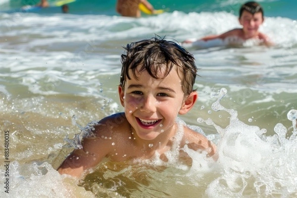 Fototapeta Huge sea waves and happy playful children and adult bathing on summer holidays. Slow-motion low-angle sea-level surface pov. Beautiful simple AI generated image in 4K, unique.