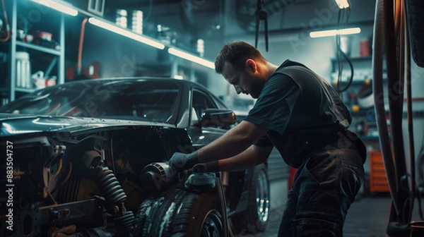 Obraz A mechanic repairing a car in a workshop