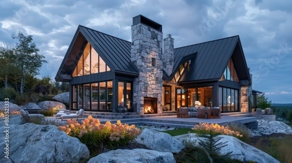 Obraz suburban farmhouse with a modern Canadian cabin theme, featuring natural stone exteriors, large fireplaces, and expansive views of the natural landscape